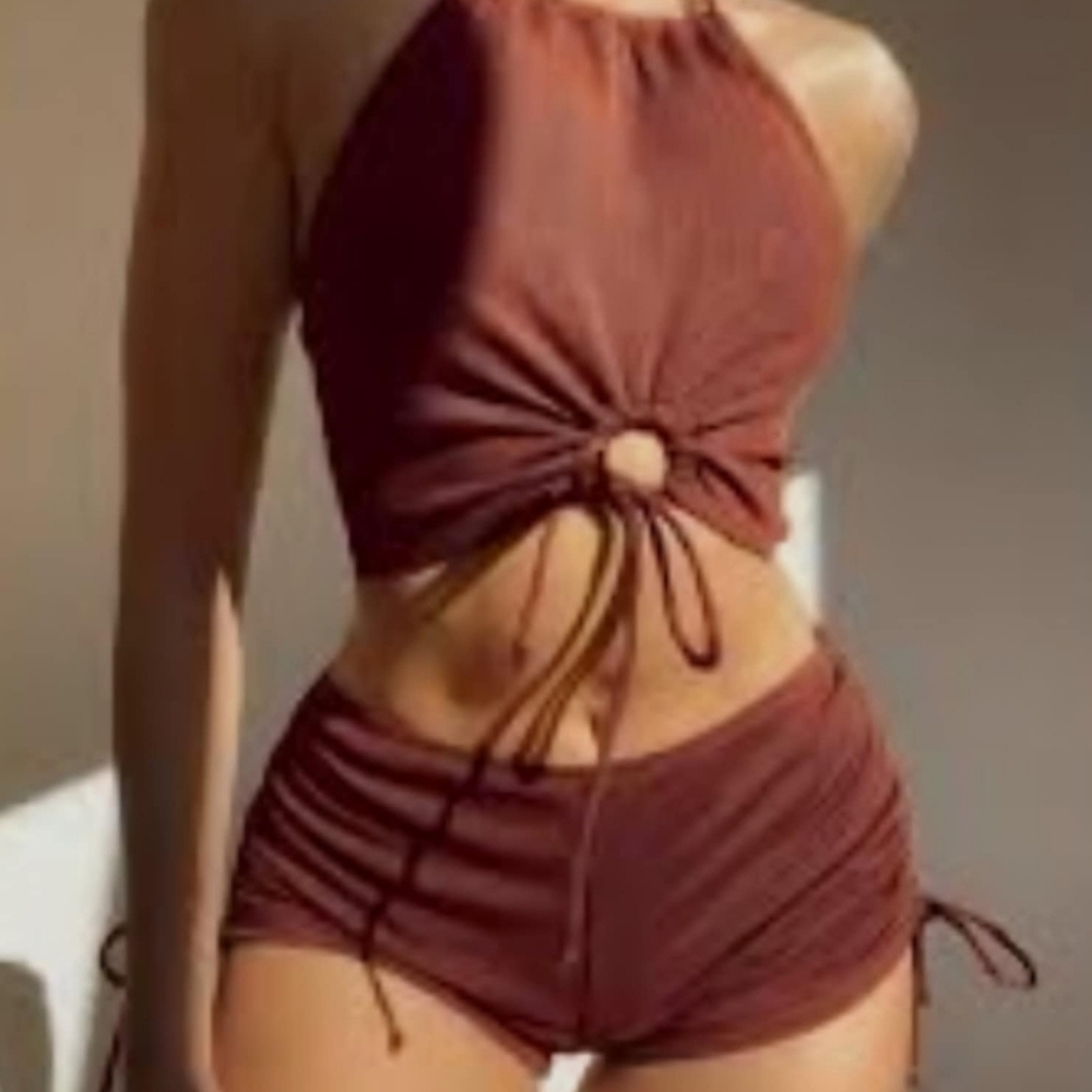 SUCREFAS Rust Ribbed Halter Bikini Set - Picture 6 of 6